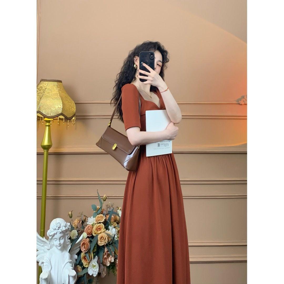 SHUANGYAN Phong cách Pháp cổ điển dịu dàng phong cách phương Tây ăn mặc nữ thiết kế cuống quýt xoắn nơ hiển thị gầy khí chất váy xòe