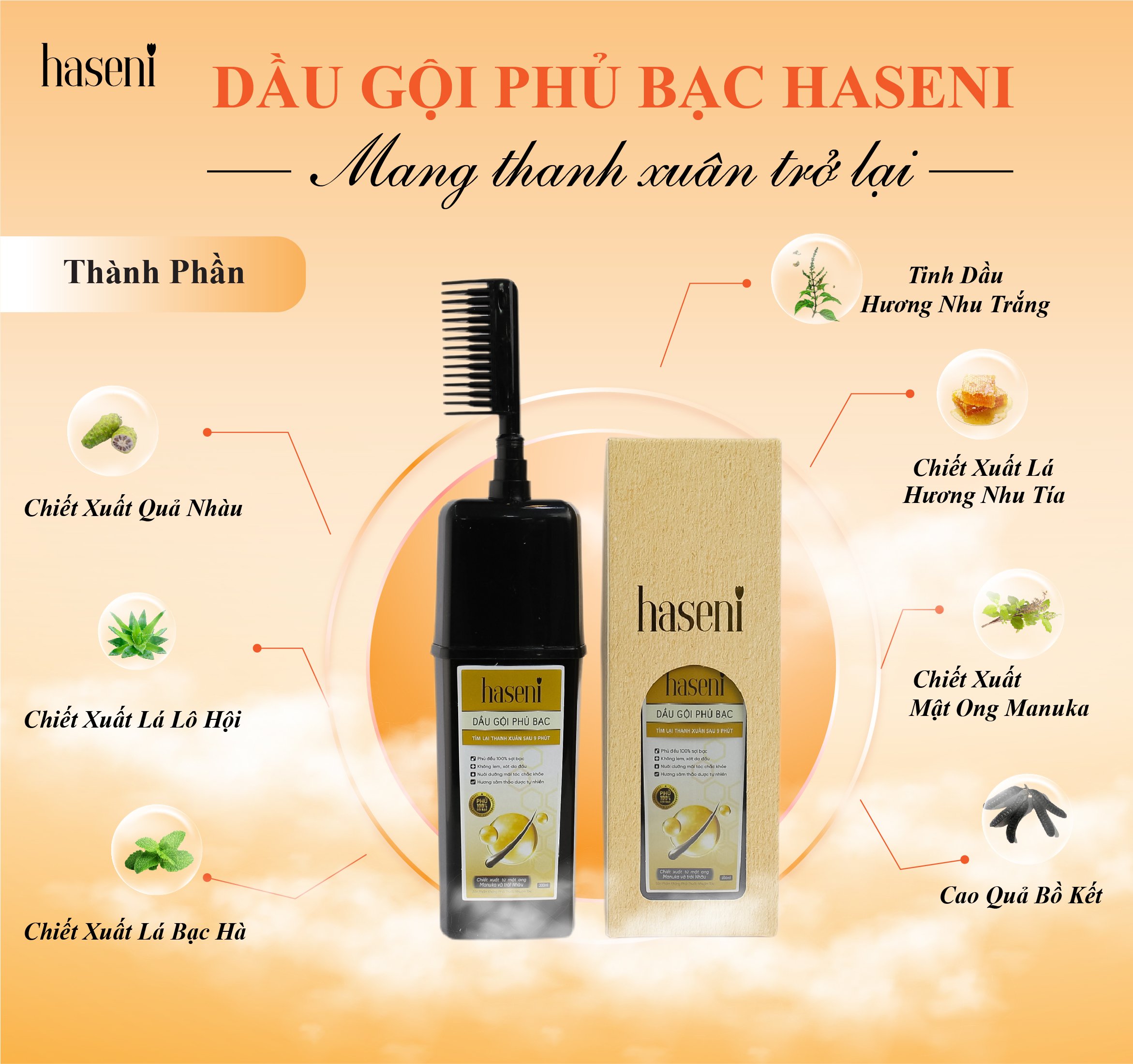 Dầu gội phủ bạc Haseni 200ml đen tóc sau 9 phút, không lem, không xót da đầu