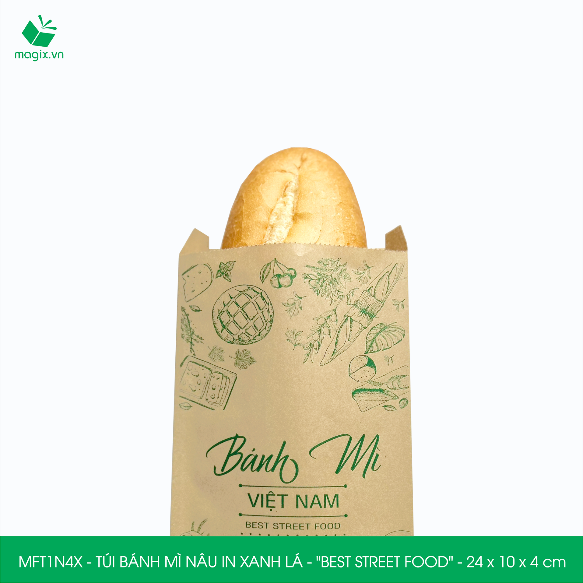 MFT1N4X - 24x10x4 cm - 200 Túi bánh mì Nâu, in sẵn họa tiết BEST STREET FOOD - Bao bánh mì Túi giấy thực phẩm an toàn