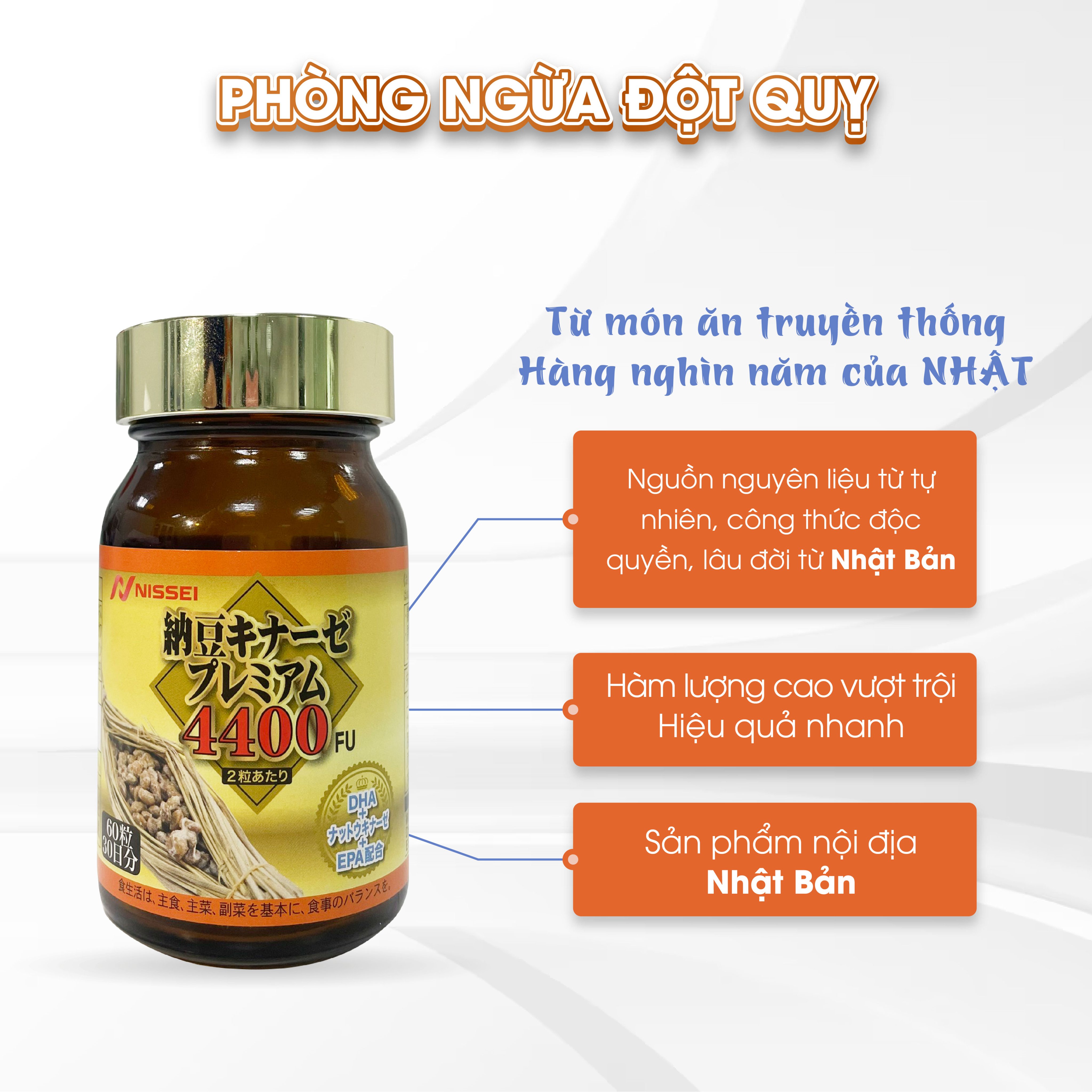 Viên phòng ngừa đột quỵ và tai biến Nattokinase 4400FU. Lọ 60 Viên. Chính hãng Nhật Bản. Tăng cường tuần hoàn máu não