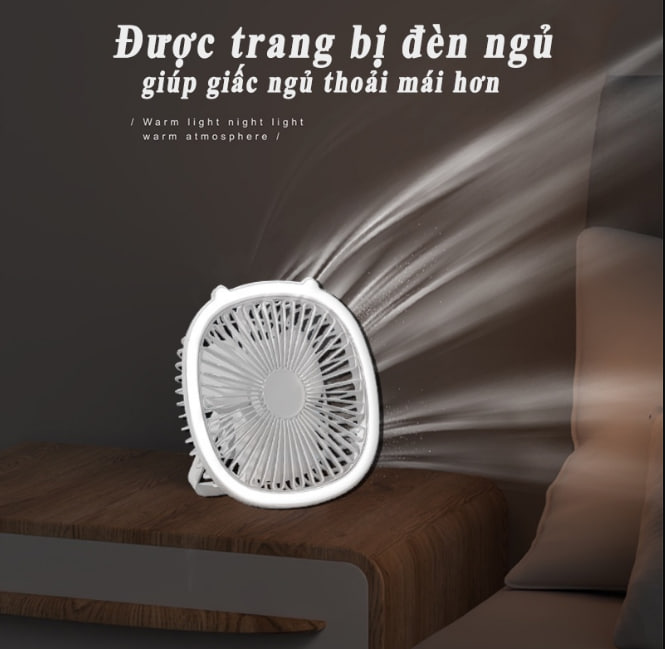 Quạt Tích Điện Treo Tường Mini Cầm Tay 3 Chế Độ Gió , Quạt Để Bàn Tích Hợp Đèn Led, Kiêm Đèn Ngủ, Pin Trâu