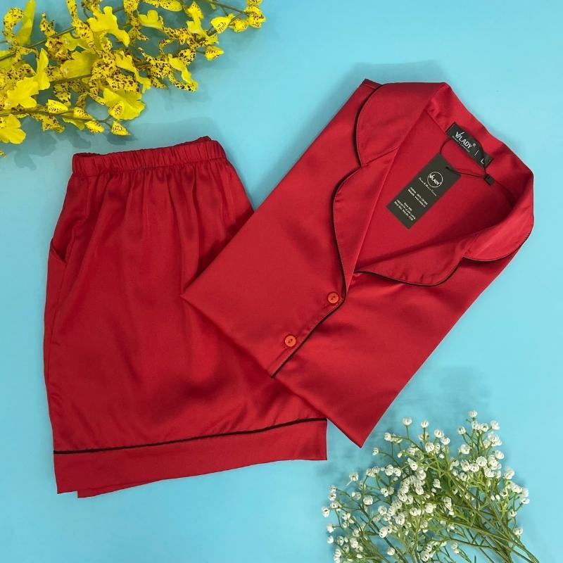 Bộ đồ Pijama lụa, đồ mặc nhà nữ VILADY - B125 kiểu quần đùi tay cộc họa tiết trơn, chất liệu lụa Pháp cao cấp - Màu đỏ đô