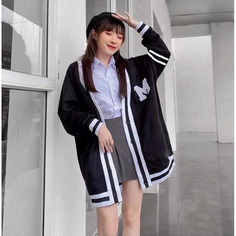 Áo Khoác Cardigan Đen Viền Trắng Chữ M Unisex, Áo Đôi