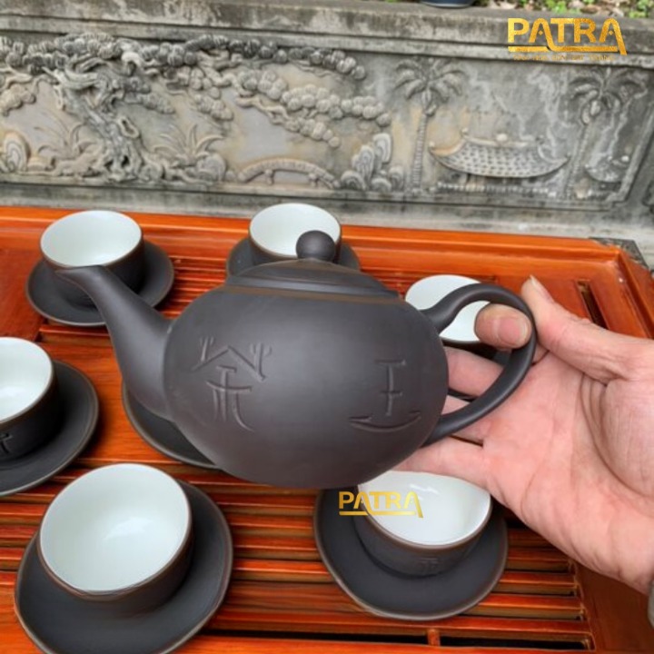 Bộ ấm chén uống trà cao cấp , bộ ấm trà Bát Tràng - trường sa phúc lộc thọ lòng chén trắng