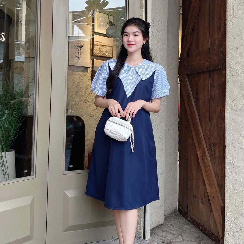 Đầm Yếm Bầu Công Sở Xinh Thiết Kế Dáng Suông Cổ Sen Phối Nút Chất Cotton Lạnh Mát Mẻ, Trẻ Trung - Xanh đen
