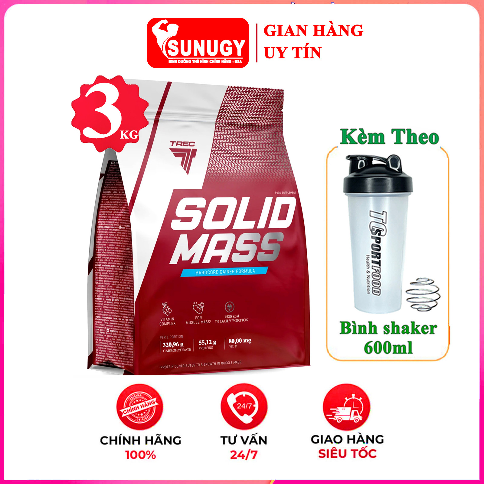 Combo Sữa tăng cân tăng cơ SOLID MASS của TREC hỗ trợ tăng cân, tăng cơ nạc cao cấp & Bình shaker 600ml