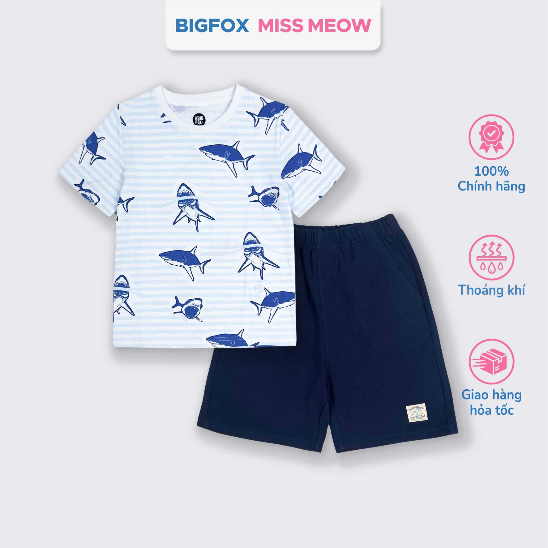 Bộ cotton bé trai Bigfox Miss Meow size đại cộc tay mùa hè in cá mập cỡ 3,7,9,11 tuổi 30kg 40kg