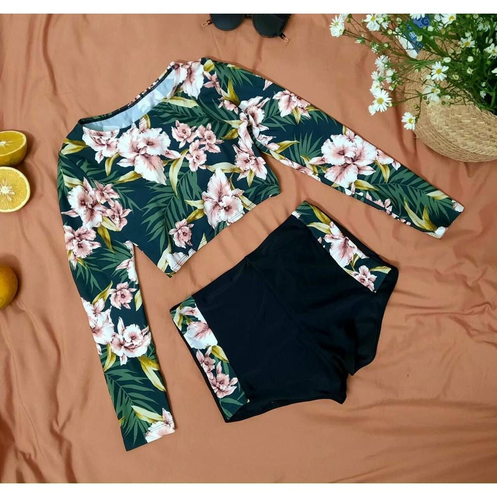 Đồ bơi bikini 2 mảnh dài tay buộc dây lưng phối hoạ tiết quần cạp cao QP012