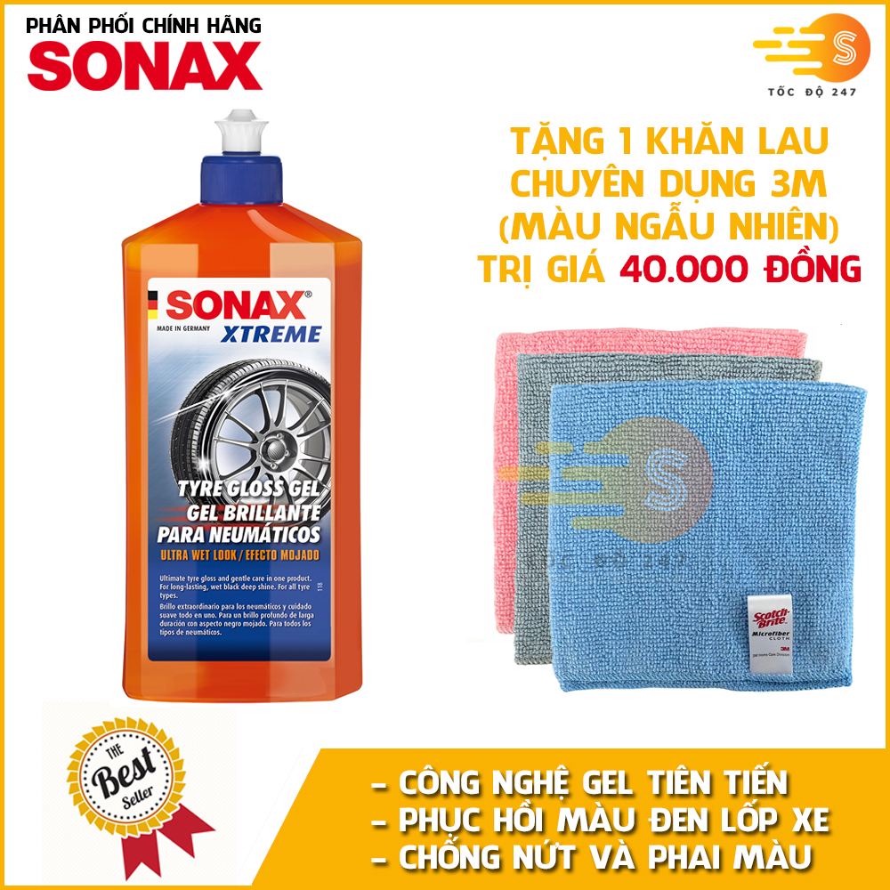 Gel dưỡng lốp và tạo độ bóng lốp xe Tyre Gloss Gel Xtreme Sonax 235241 500ml tặng kèm 1 khăn 3M KL3030 - Bảo vệ lốp xe, chống nứt bạc màu, tác dụng kéo dài, dạng gel tiên tiến thế hệ mới