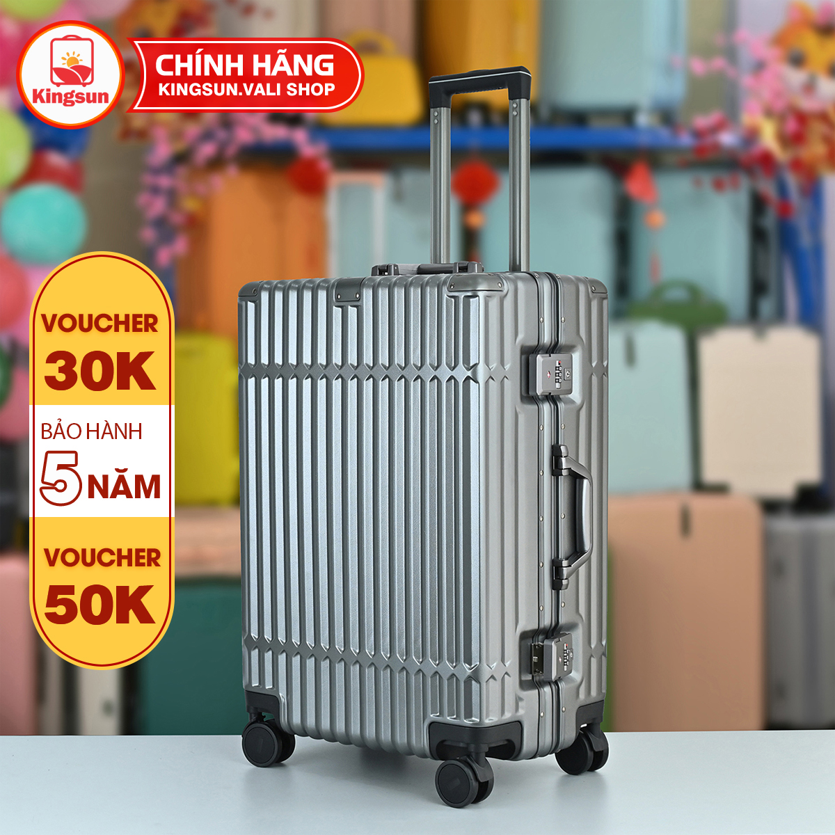 Vali khung nhôm khóa sập size 20/24, bịt 4 góc kim loại KS-051