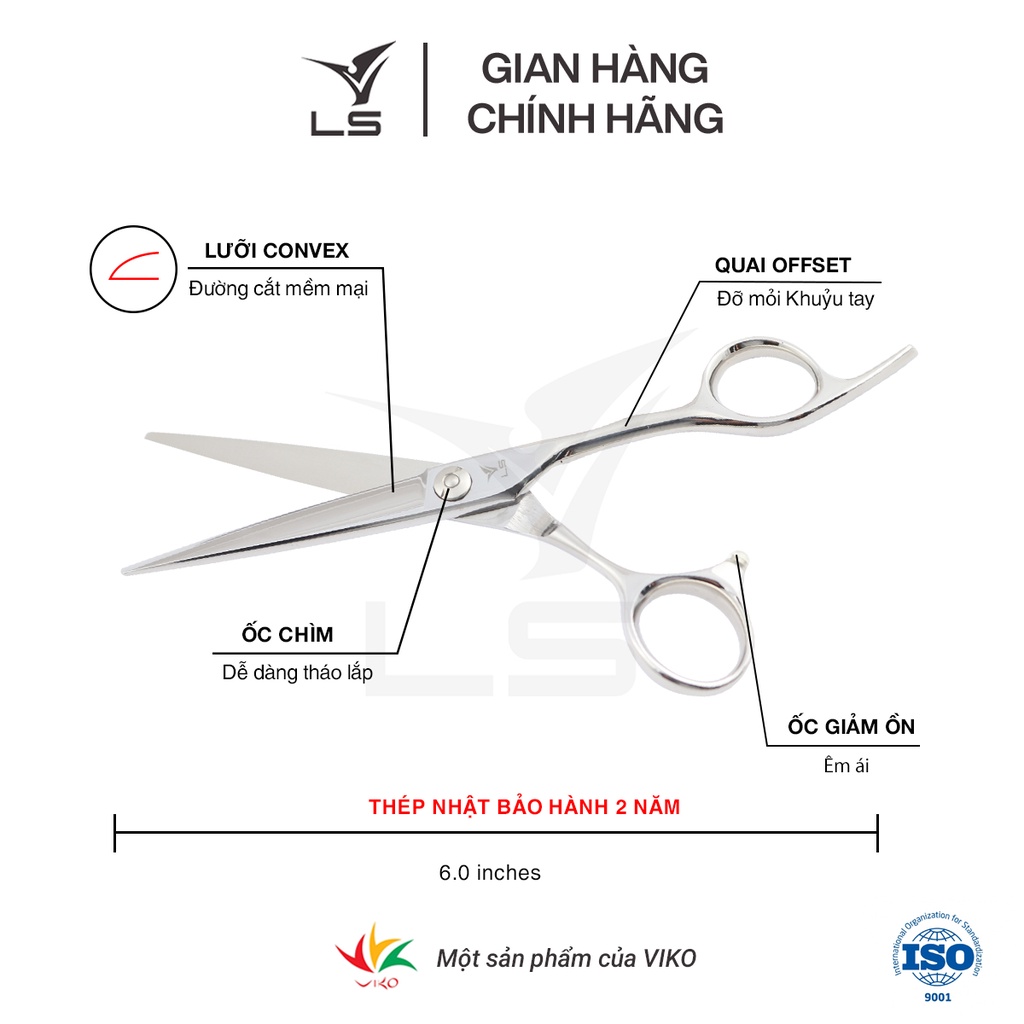 Kéo cắt tóc VLS lưỡi thẳng quai offset vênh đỡ ngón cố định CB13/6.0