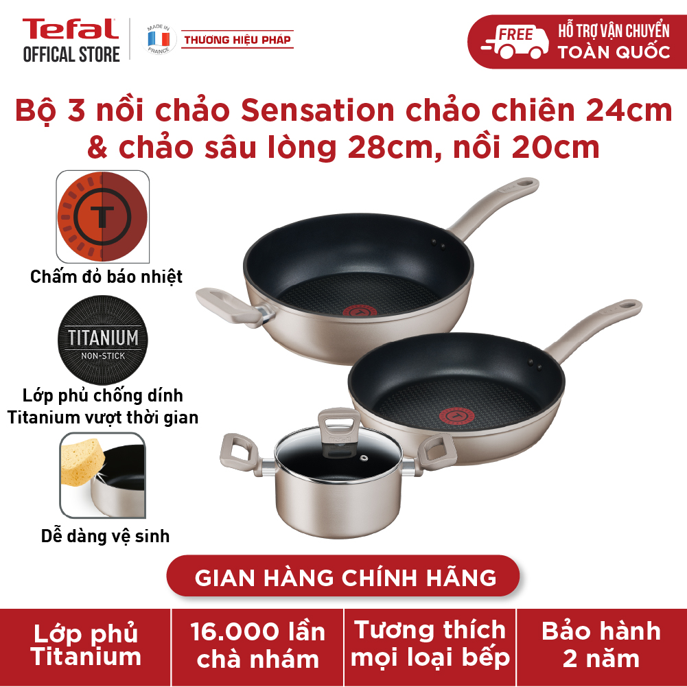 Bộ 3 nồi chảo chống dính đáy từ Tefal Sensations dùng cho mọi loại bếp (Nồi 20cm, chảo 24cm &amp; 28cm) - Hàng chính hãng