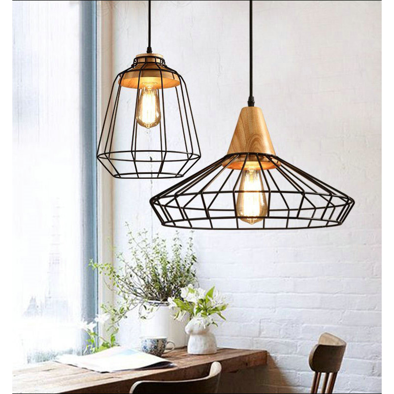 Đèn thả trang trí đuôi gỗ lồng sắt RETRO