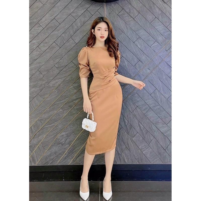 Đầm body trơn thần thánh tay phồng đính cườm cực sang chảnh