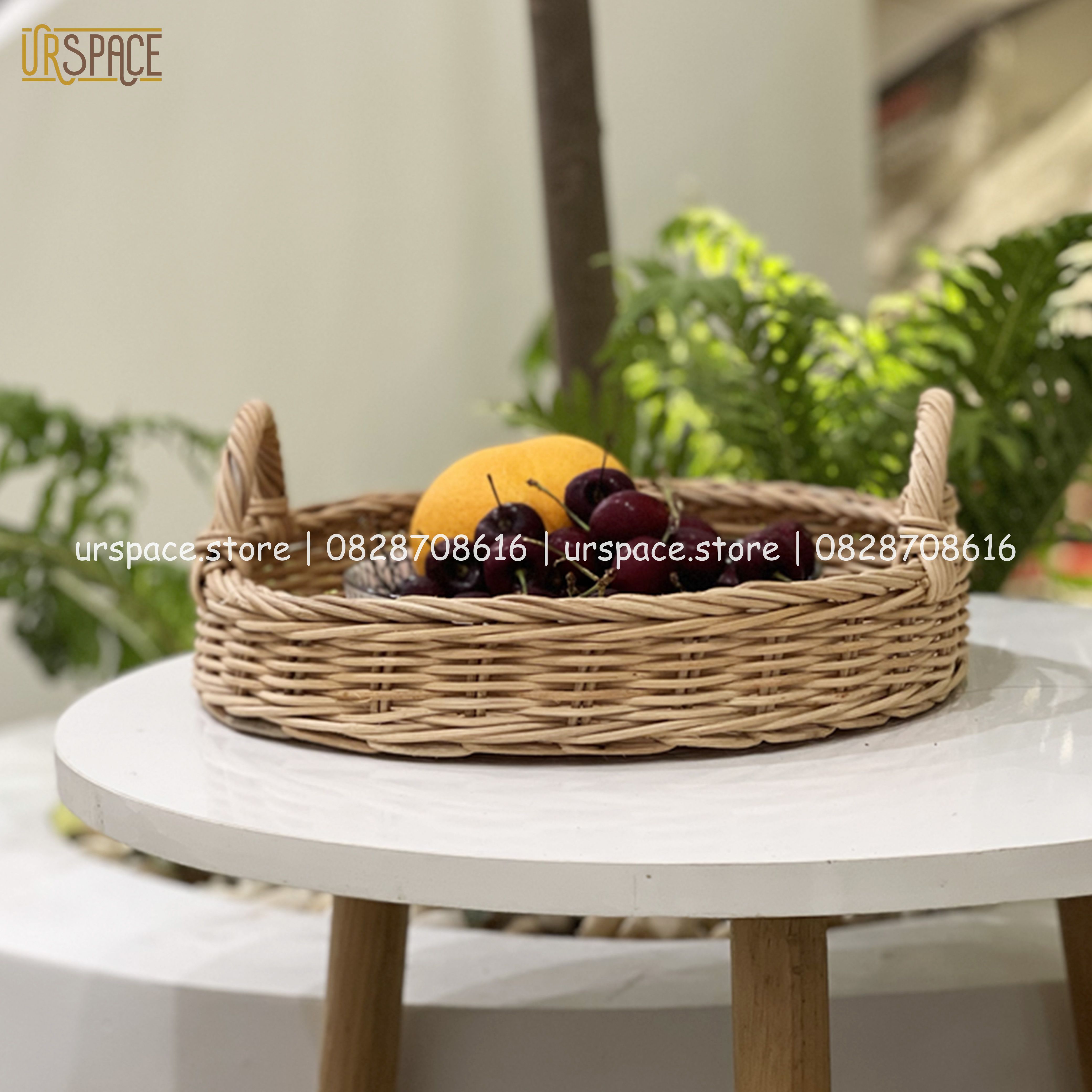 Khay mây đựng trái cây, khay mây tròn đựng bánh kẹo/ Hand-woven round rattan tray with handles