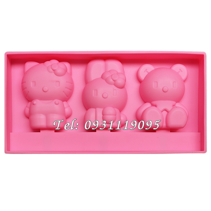 Khuôn silicon làm rau câu, làm kem, socola vĩ 3 con thỏ, mèo Kitty, gấu con – Mã số 1422