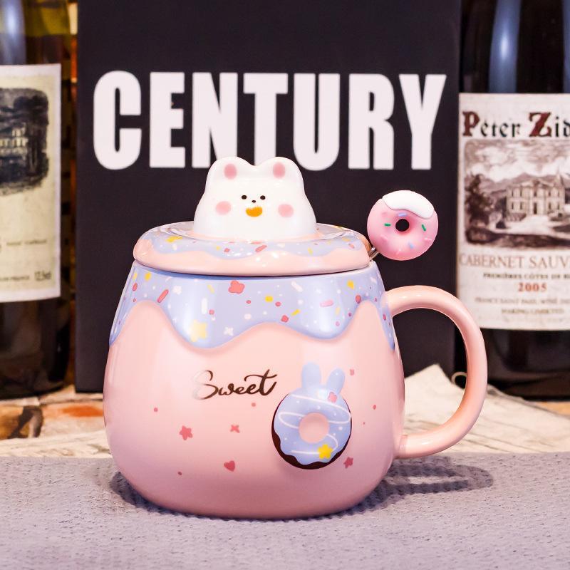 Cốc Sứ Donut Hoạt Hình Thỏ Dễ Thương Có Nắp 3D Và Thìa Khuấy Cute 400ml - Quà Tặng Trẻ Em Bạn Gái
