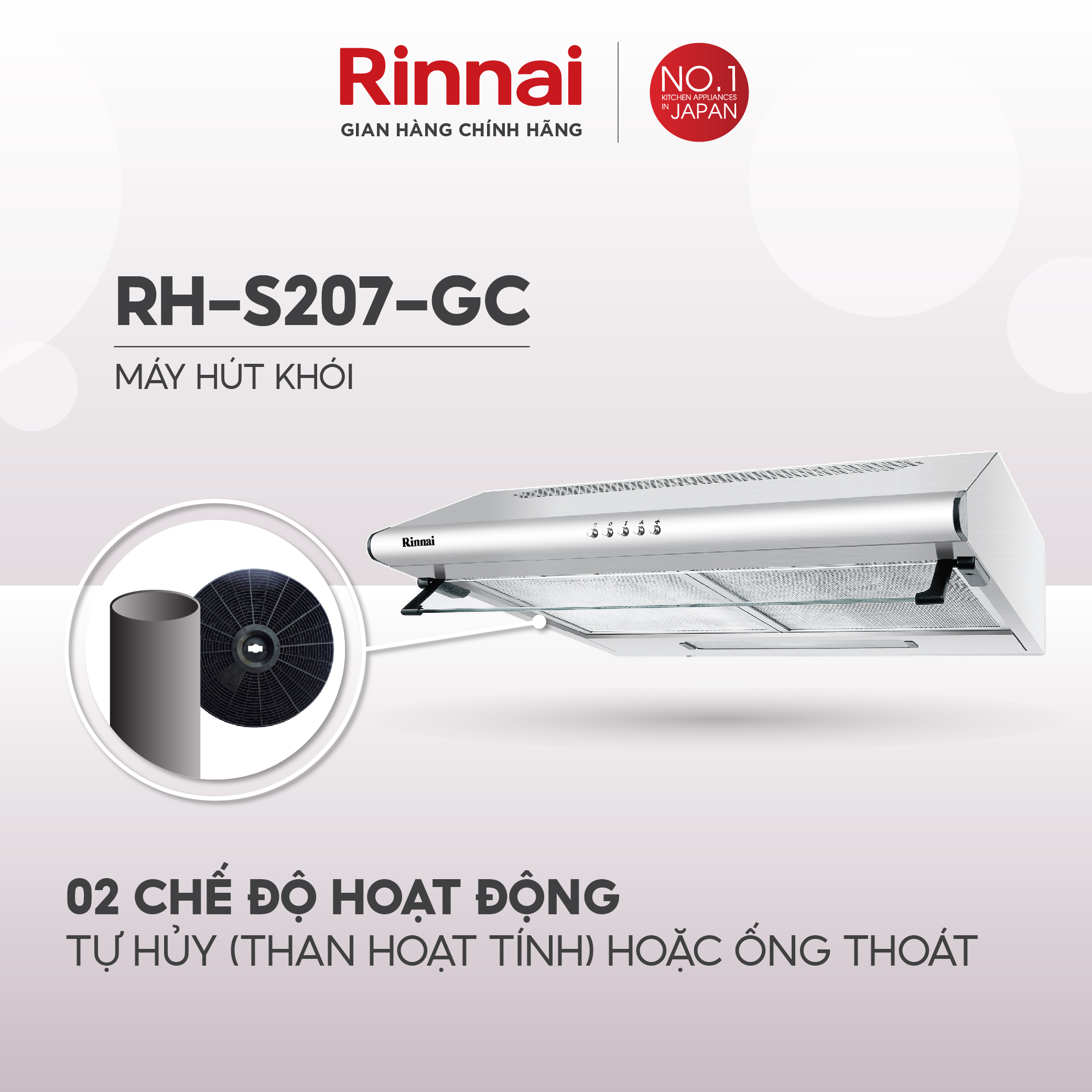 Máy hút mùi 70cm Rinnai RH-S207-GC than hoạt tính và ống thoát