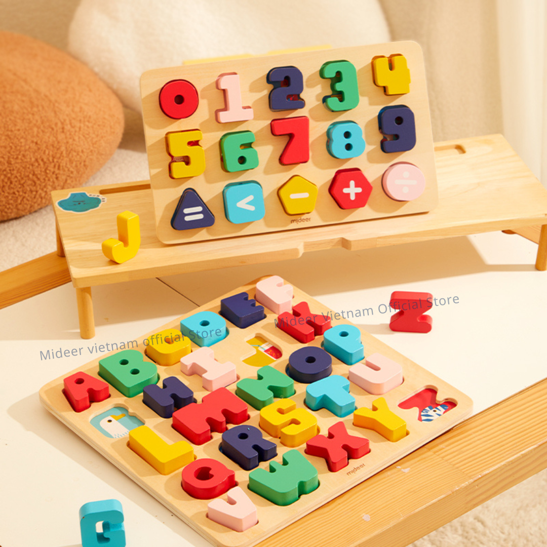 Bảng ghép hình chữ cái, số , đồ vật và thức ăn Mideer wooden peg puzzles