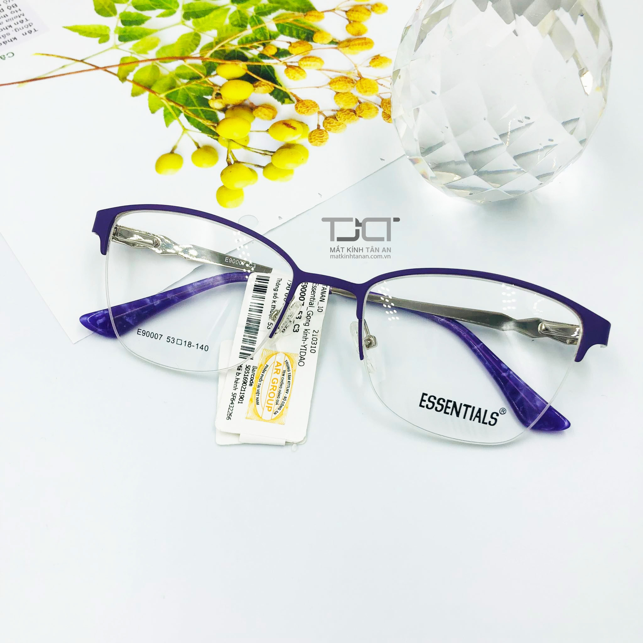 Gọng kính nữ, màu tím, vuông bầu, hàng chính hãng essentials E90007-C3