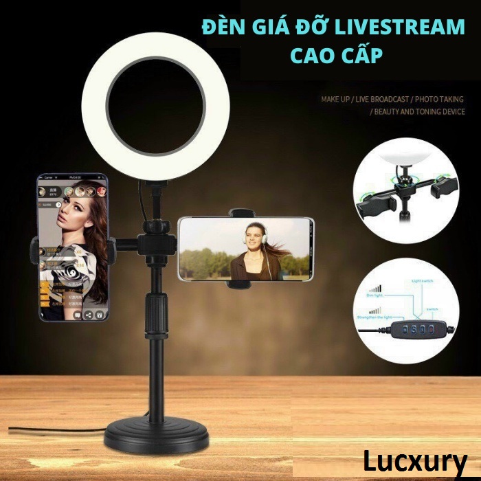 Đèn livestream Lucxury Tích Hợp 3 Chế Độ Màu, Giá đỡ kẹp 2 điện thoại quay video bán hàng, chụp ảnh make-up quay tiktok có thể xoay 360 thỏa thích.- Hàng chính hãng