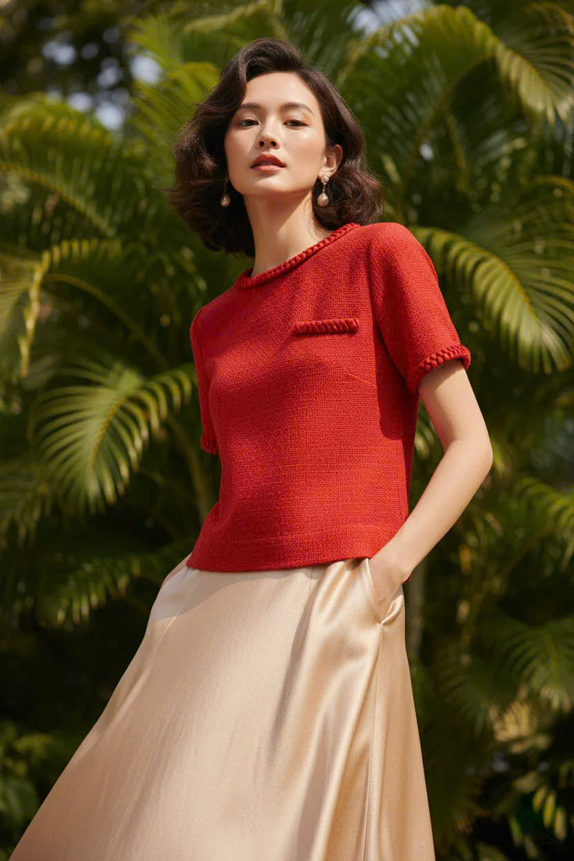 Áo Croptop Cổ Tròn Tếch Sam Tweed Đỏ Top213 thời trang thiết kế Hity