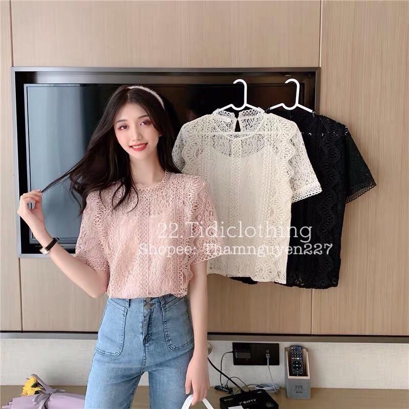 Áo sơ mi kiểu ren cổ tròn có lót trong, áo sơ mi bigsize