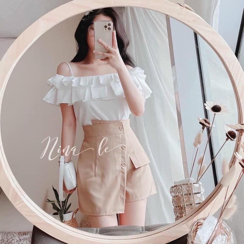 Set Áo Xếp Li Rớt Vai + Short Nude - Kèm Hình Thật