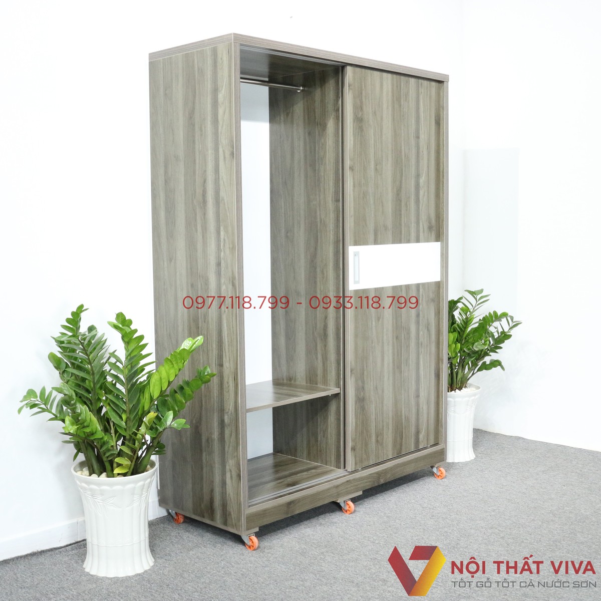 Tủ Áo Cửa Lùa 1m4X2m Gỗ MDF Màu Xám Rêu Chỉ Trắng Hiện Đại