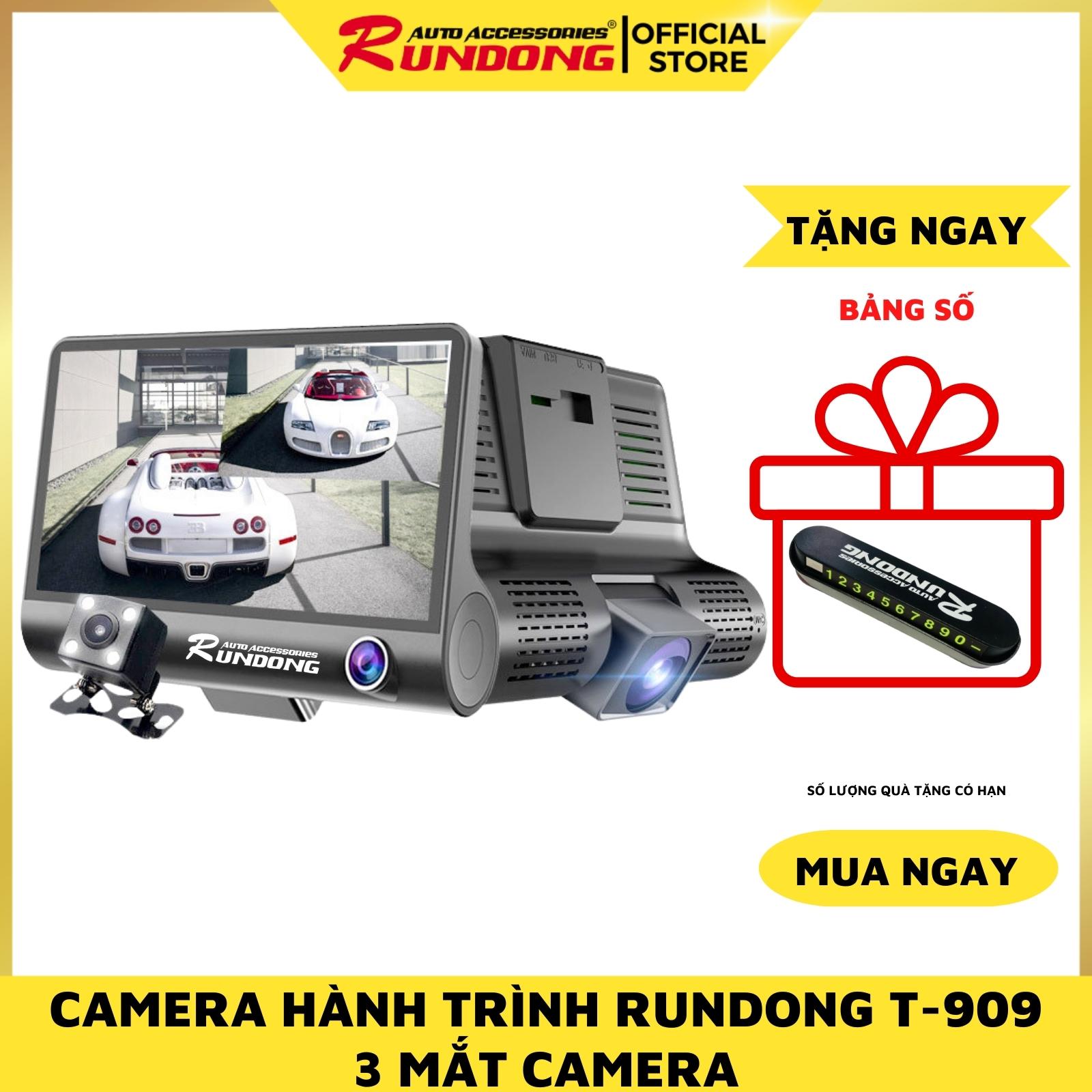 Camera hành trình ô tô 3 mắt Rundong T909 | Màn hình 4.0 inch full HD 1080, camera sau chống nước, hỗ trợ thẻ nhớ 32 GB, ghi hình đa chiều, tự động ghi hình nếu phát hiện chuyển động - Tặng ngay bảng số ĐT đơn