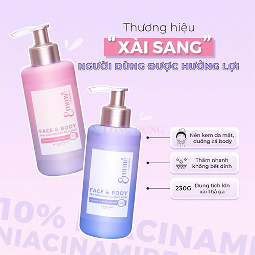 Kem dưỡng thể Emmié Face &amp; Body Niacinamide Emulsion làm trắng da 7% (230ml)/10% (230g) - Hàng chính hãng