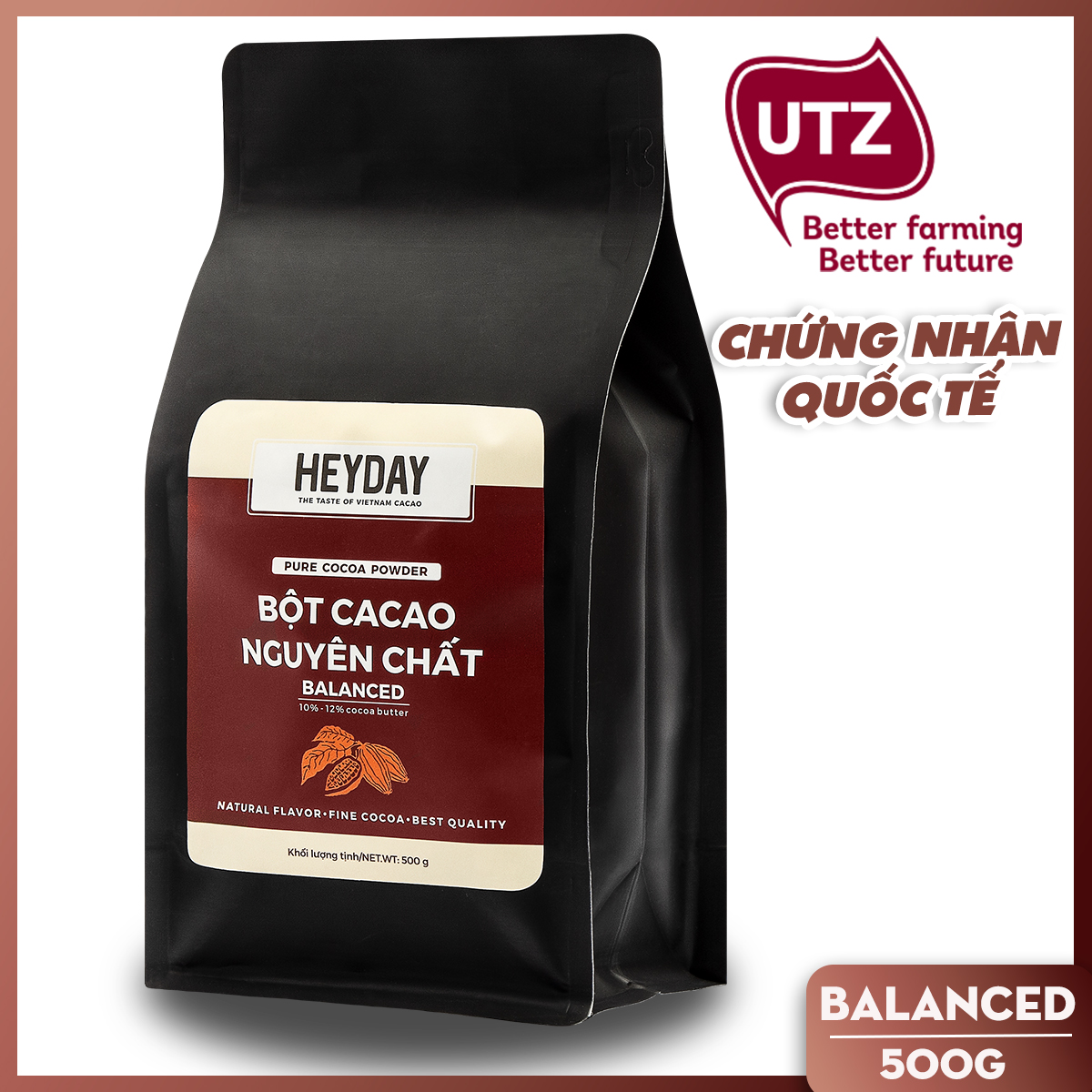 Bột cacao nguyên chất 100% Việt Nam - Dòng Balanced phổ thông túi 500g -  Chuyên dùng làm bánh, pha chế cho quán cà phê - Heyday Cacao