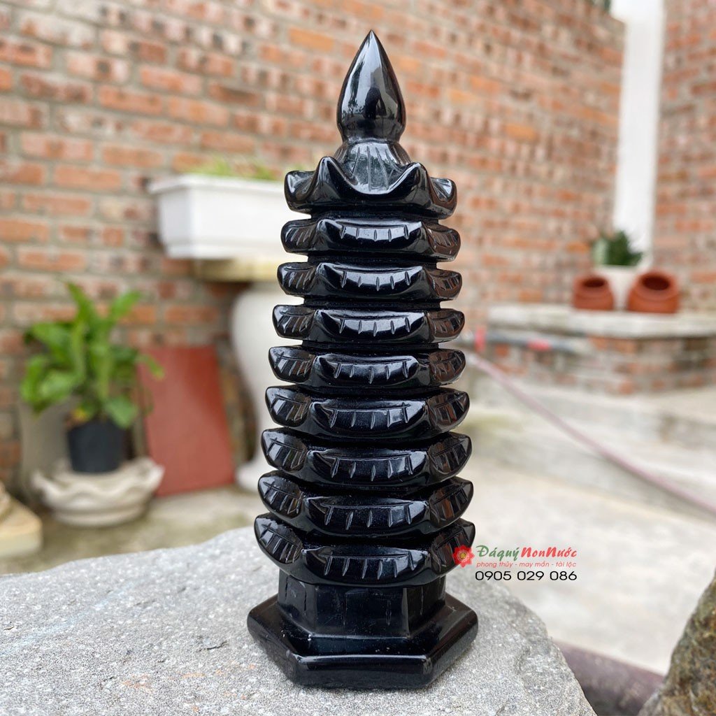 Tháp văn xương 9 tầng phong thuỷ đá Obdsidian cao 13cm - đá Non Nước