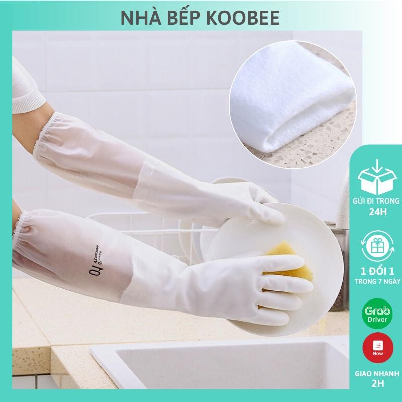 Găng tay cao su lót bông nỉ loại dài - Găng tay rửa bát làm bếp siêu dai không mùi KooBee