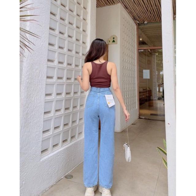 Quần jean nữ quần baggy jean ống suông cạp cao màu trơn dễ phối đồ