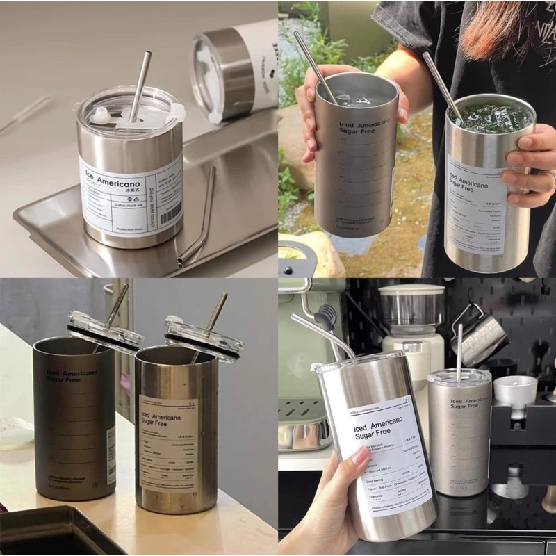 Bình đựng nước giữ nhiệt Iced Americano có ống hút dung tích 600ml, Ly cốc giữ nhiệt cute uống cà phê dùng văn phòng, Cốc giữ nhiệt Iced Americano thể tích 650ML/300ML,làm bằng inox,có ống hút - Hàng Chính Hãng dododios