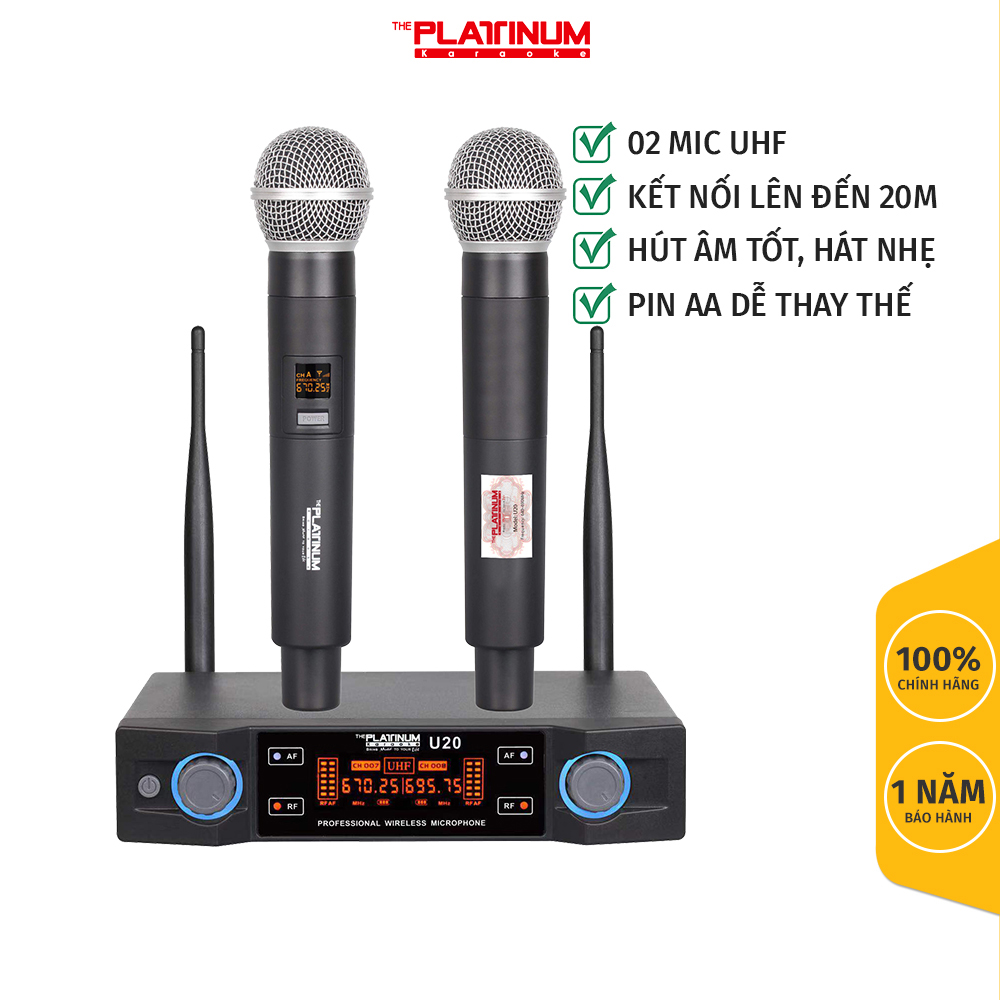 Micro Không Dây UHF Platinum U20. Hút Âm Tốt, Hát Nhẹ Kết Nối Lên Đến 20m, Sử Dụng Pin AA, Phù Hợp Với Hầu Hết Thiết Bị Âm Thanh - Hàng Chính Hãng