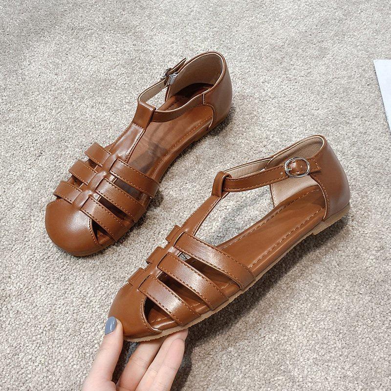 MS194 Sandal đế bằng quai đan da PU phong cách vintage