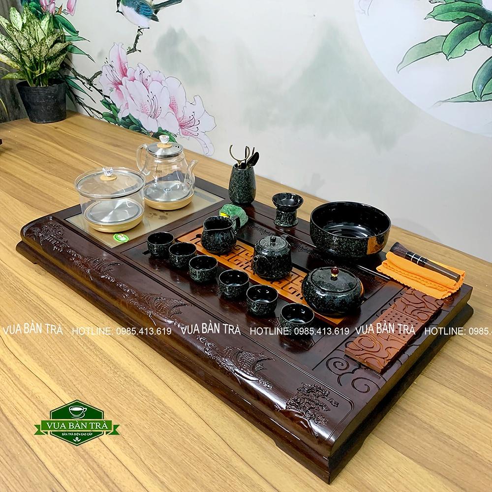 Bộ Bàn Trà Điện Thông Minh Phù Điêu Thuận Buồm Xuôi Gió Chất Liệu Gỗ Mun