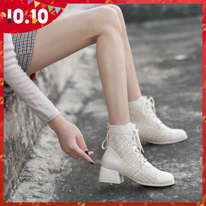 Giày bốt martin mỏng gót dày thời trang thu đông phong cách Anh Quốc mới cho nữ 2021