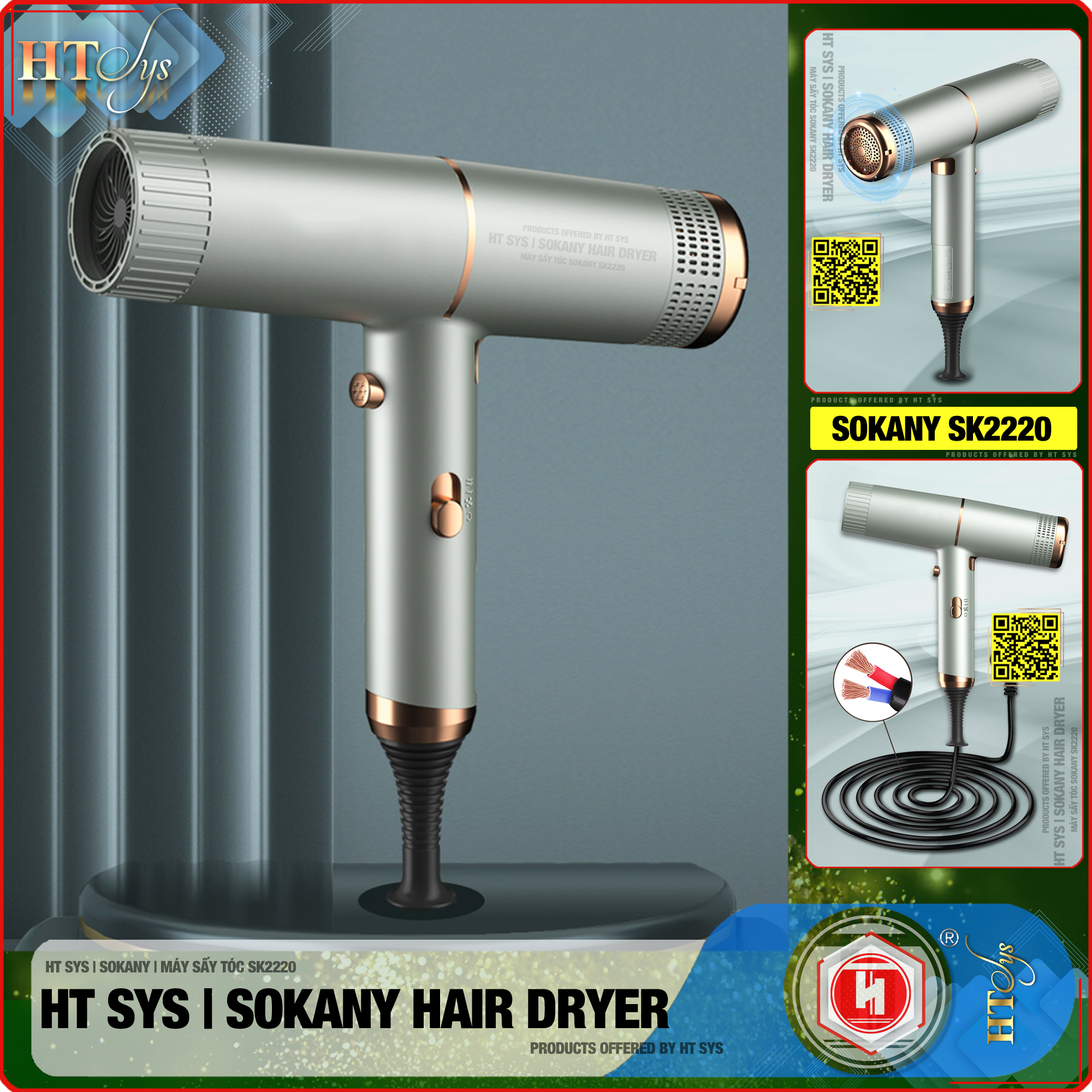 Máy sấy tóc ion âm HT SYS - SOKANY2220 - Kiểu dáng chữ T sang trọng, tiện lợi, công suất 1600W chuyên dụng tại nhà và hair salon - Máy sấy tóc 2 chiều nóng lạnh có bổ sung ion dưỡng ẩm làm mềm mượt tóc -