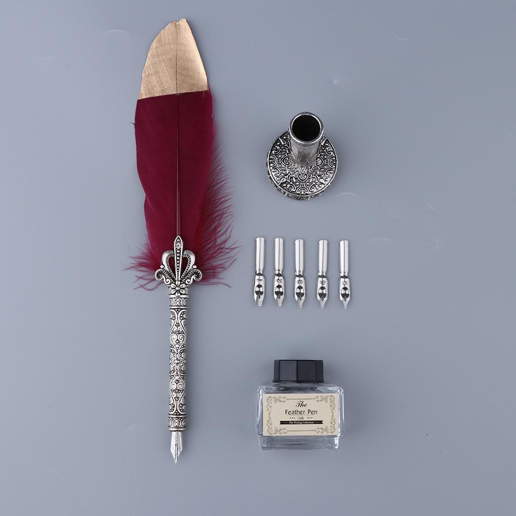 Antique Feather Dip Fountain Pen Calligraphy Set w Holder 5 Nib