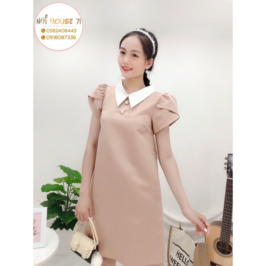 Đầm Suông Tiểu Thư NHIHOUSE71 Tay Phồng Cổ Sen Phối Có Túi Dưới 57kg
