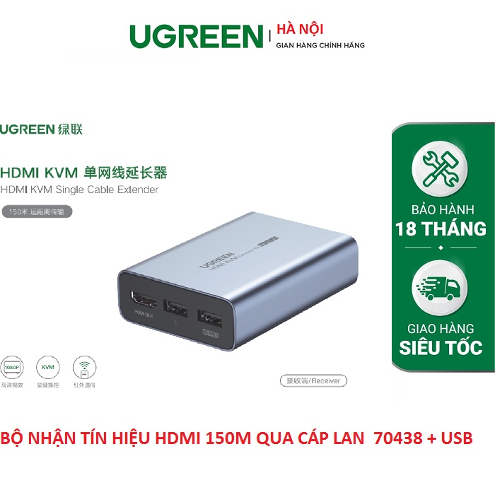 Bộ phát, Nhận, kéo dài tín hiệu HDMI + USB qua cáp mạng 150m Cat5e/Cat6 Ugreen 70438, 60323 hàng chính hãng