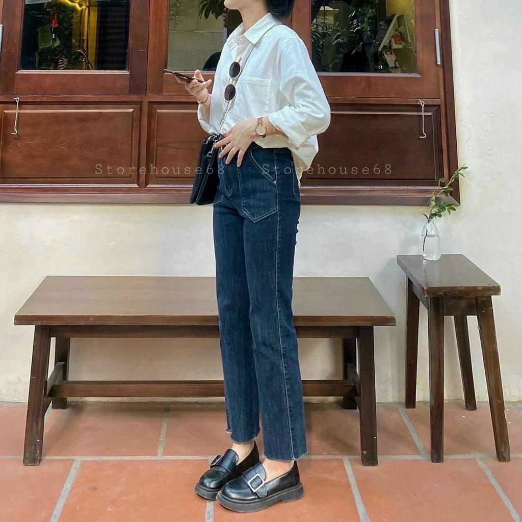 Quần bò ống đứng túi trước cạp cao Jeans cắt gấu basic phong cách sang chảnh Hàn Quốc YANSOO