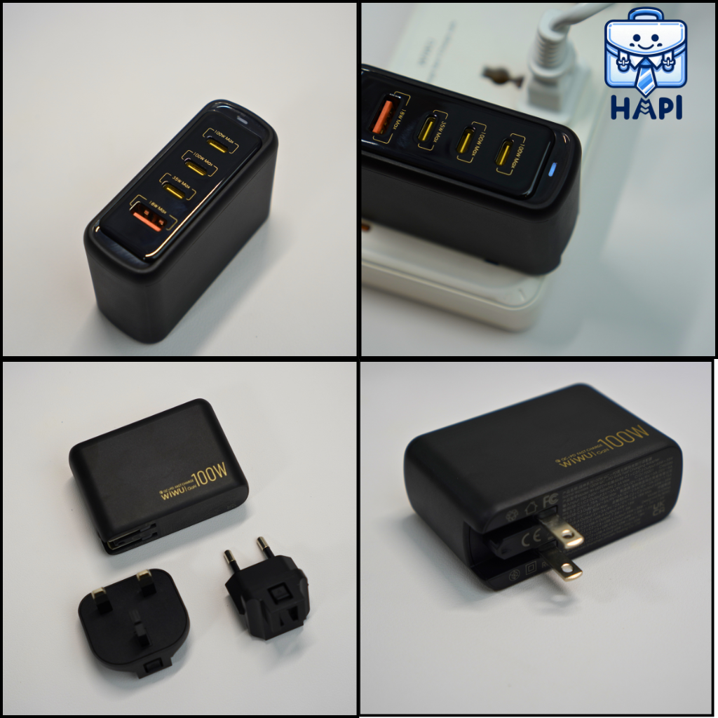 Củ sạc hàng chính hãng WiWU Warrior GaN 100W (3C1A) Wi-U022W: Sạc nhanh laptop, điện thoại, kèm đầu chuyển đa quốc gia