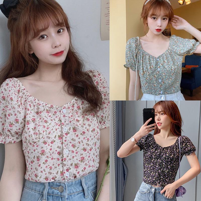 Áo Kiểu Chiffon Tay Ngắn Cổ Vuông In Họa Tiết Xinh Xắn Cho Nữ