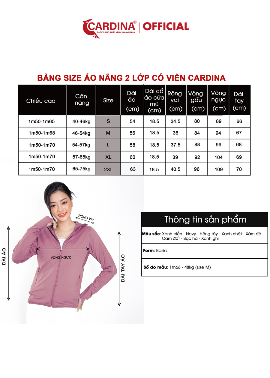 Áo Chống Nắng Nữ CARDINA 2 Lớp Chất Thun Lạnh Chống Tia UV 2NF02
