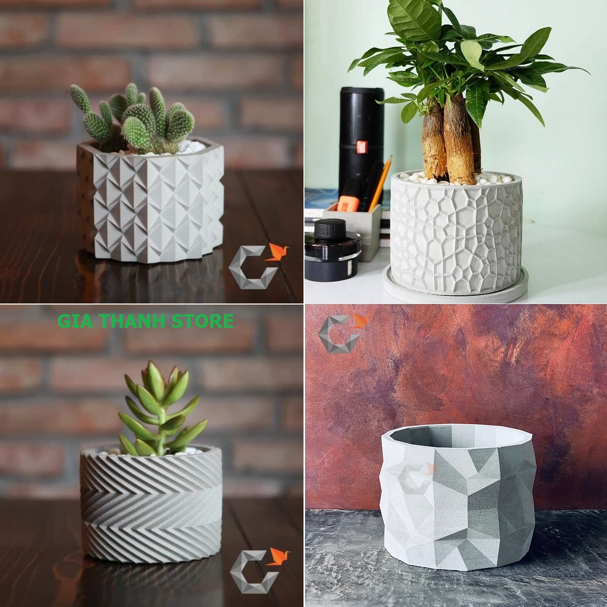 Combo 4 Chậu trồng sen đá , xương rồng, bonsai cây cảnh bằng xi măng, chính hãng Cori , chậu 3D Origami hình trụ tròn kích thước 15x11cm - Cement pots GiaThanh Decor