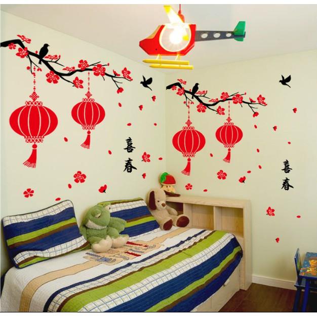 Decal trang trí tết - Cành Mai 2 lồng đèn đỏ size lớn